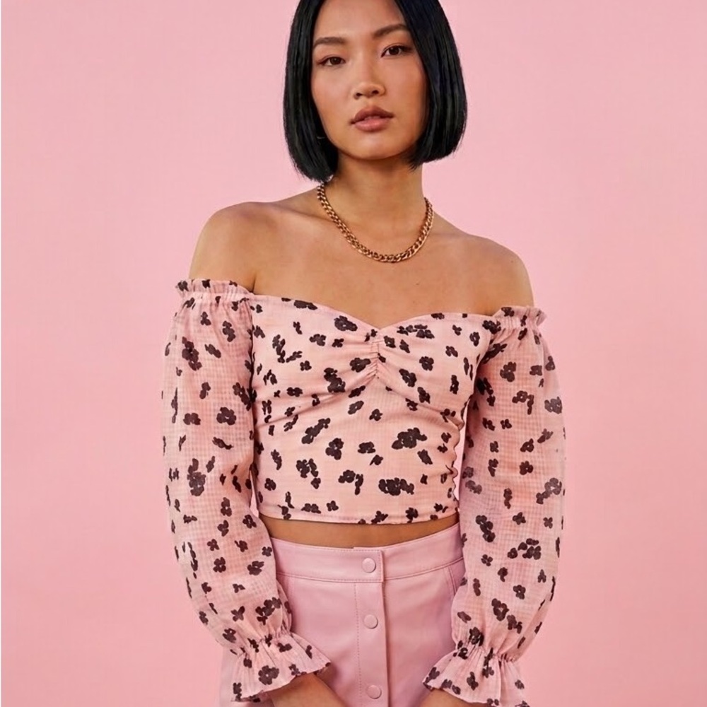 ✨ New! Leith Pink Puff Floral Drift Boho Festival Crop Top Blouse ✨